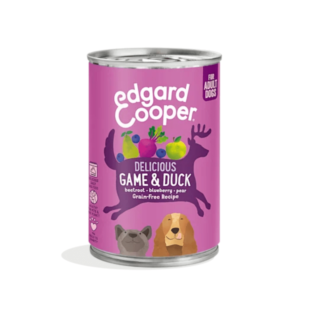 Animales de caza y pato con remolacha, arándanos frescos y pera Edgard & Cooper Animales de Caza y Pato con Remolacha, Arándanos Frescos y Pera latas para perros - Imagen 1