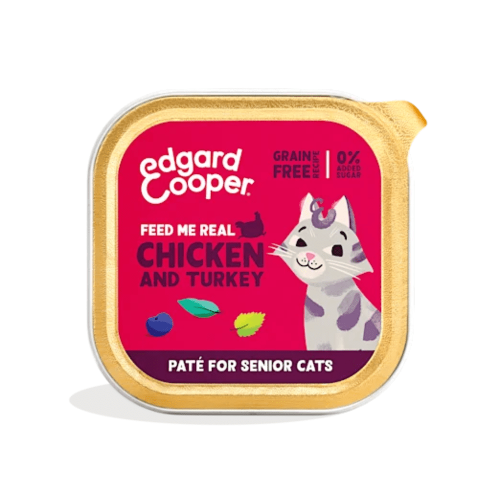 Edgard & Cooper Senior Pollo de corral y pavo de corral con arándanos, hojas de ortiga y salvia 85grs Edgard & Cooper Senior Pollo de Corral y Pavo con Arándanos, Hojas de ortiga y Salvia tarrinas para gatos - Imagen 1