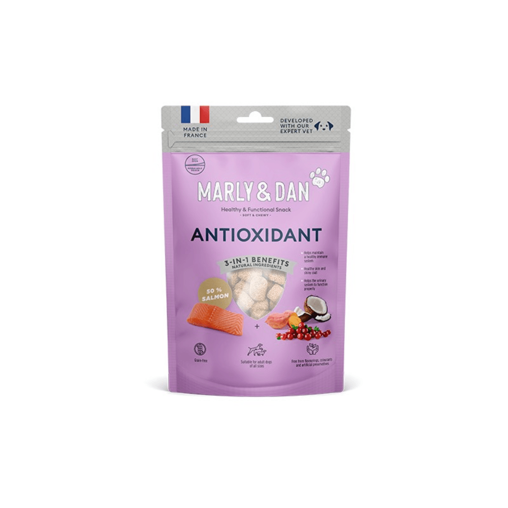 Marly & Dan Soft & Chewy Antioxidant Dog 100gr Marly & Dan Salmon Skin Regeneration Dog 60gr para perros - Imagen 1